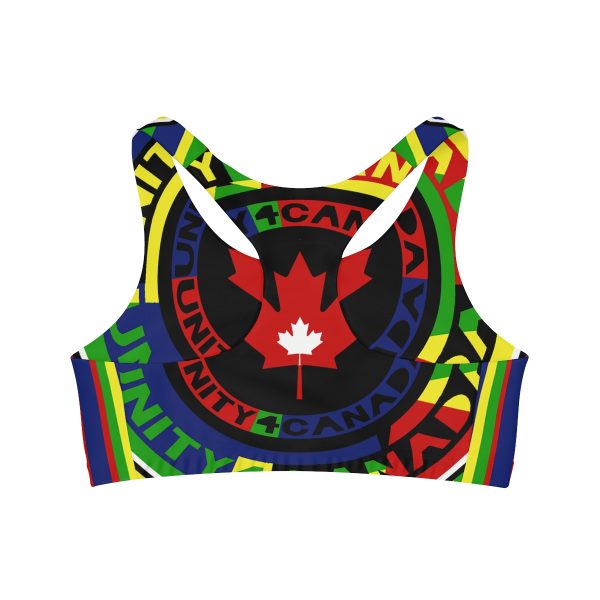 Seamless Sports Bra (AOP) - Unity4Canada - Multi Coloured - Geometric BG - Image 3