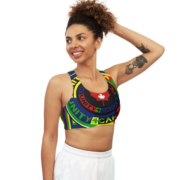 Seamless Sports Bra (AOP) - Unity4Canada - Multi Coloured - Geometric BG - Image 5