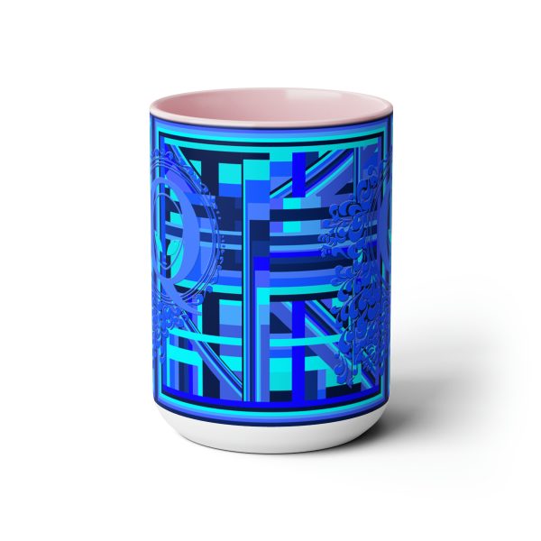 Two-Tone Coffee Mugs, 15oz - Q Splash Geometric Multi Blue BG - Image 3