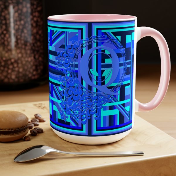 Two-Tone Coffee Mugs, 15oz - Q Splash Geometric Multi Blue BG