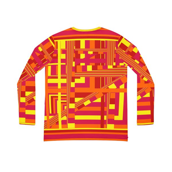 Women's Long Sleeve V-neck Shirt (AOP) - END RACE BASED LAW - Sunset Colours Geometric BG - Image 3