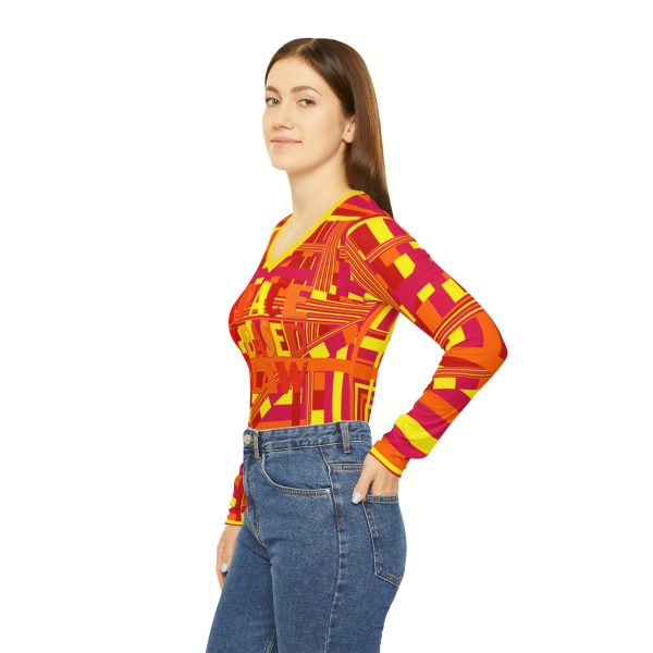 Women's Long Sleeve V-neck Shirt (AOP) - END RACE BASED LAW - Sunset Colours Geometric BG - Image 5