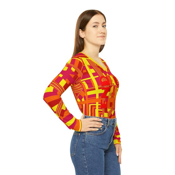 Women's Long Sleeve V-neck Shirt (AOP) - END RACE BASED LAW - Sunset Colours Geometric BG - Image 6