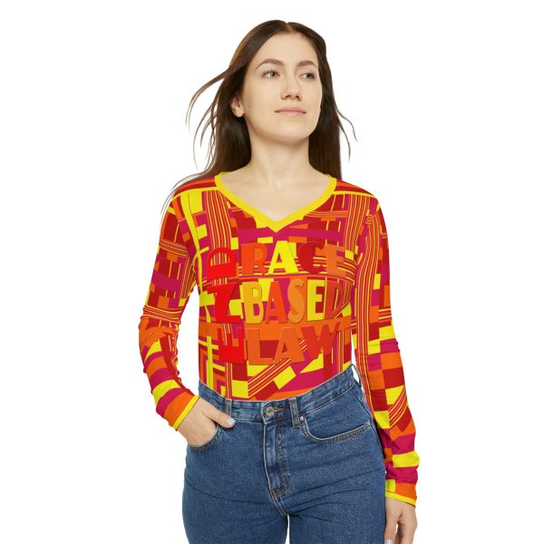 Women's Long Sleeve V-neck Shirt (AOP) - END RACE BASED LAW - Sunset Colours Geometric BG - Image 7