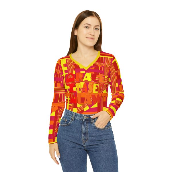 Women's Long Sleeve V-neck Shirt (AOP) - END RACE BASED LAW - Sunset Colours Geometric BG