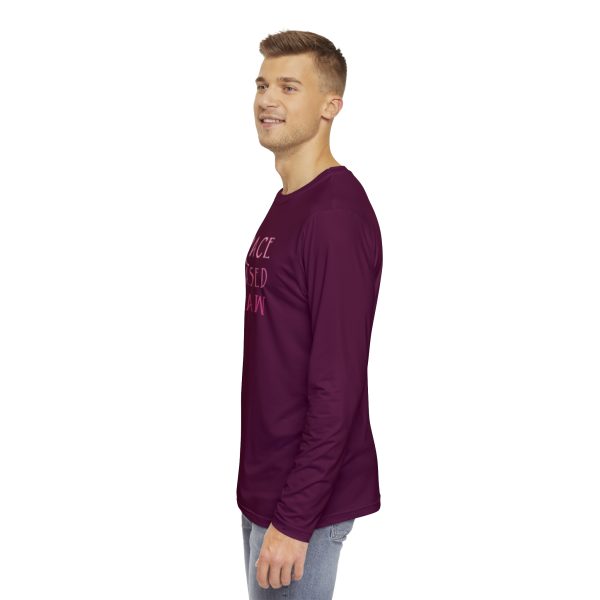 Men's Long Sleeve Shirt (AOP) - END RACE BASED LAW - Pinks Caldera - Purple BG - Image 5