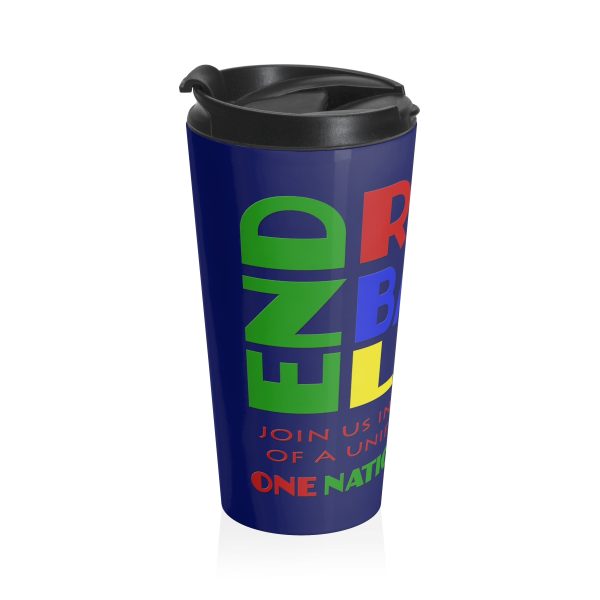 Stainless Steel Travel Mug - END RACE BASED LAW Canada - Crayon Colours - Dark Blue BG - Image 3