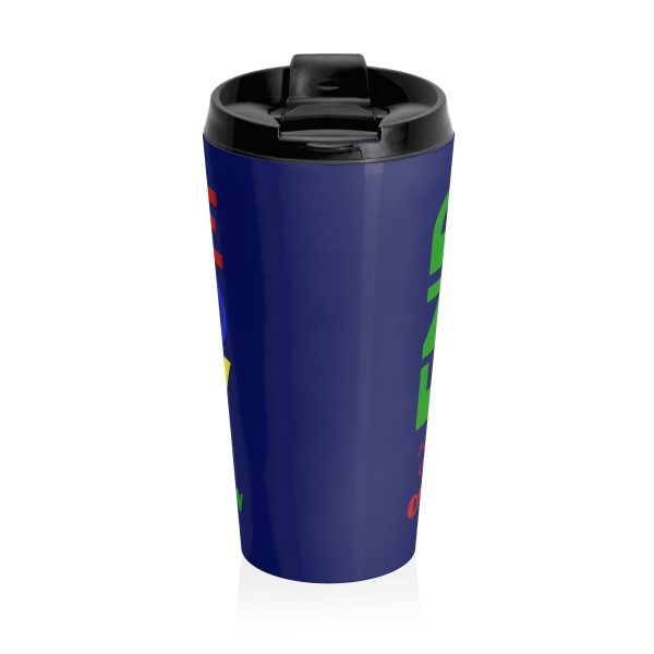 Stainless Steel Travel Mug - END RACE BASED LAW Canada - Crayon Colours - Dark Blue BG - Image 2