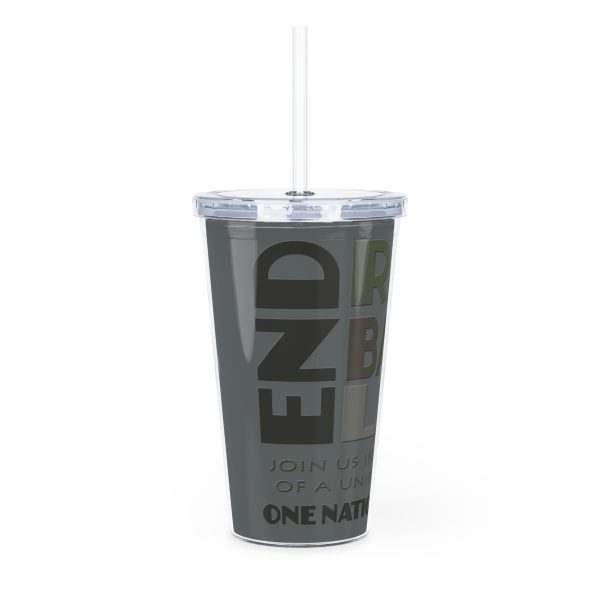 Plastic Tumbler with Straw - END RACE BASED LAW  Canada- Greys - Image 2