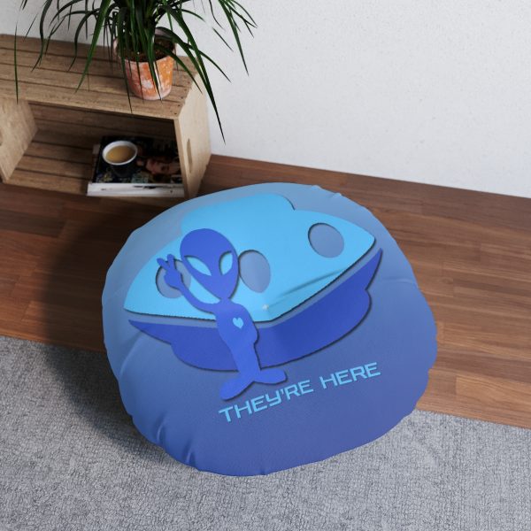 Tufted Floor Pillow, Round - They're Here - Gradient Blue BG - Image 8