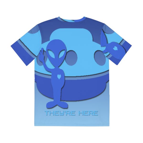 Men's Polyester Tee (AOP) - They're Here - Gradient Blue BG - Image 3