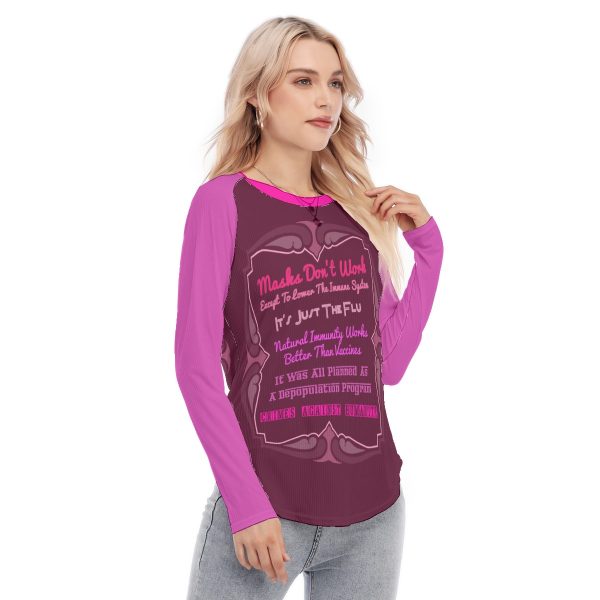 All-Over Print Women's Raglan Sleeves U-Shaped Hem Long Sleeves Blouse - Masks Do Not Work Pink - Image 3