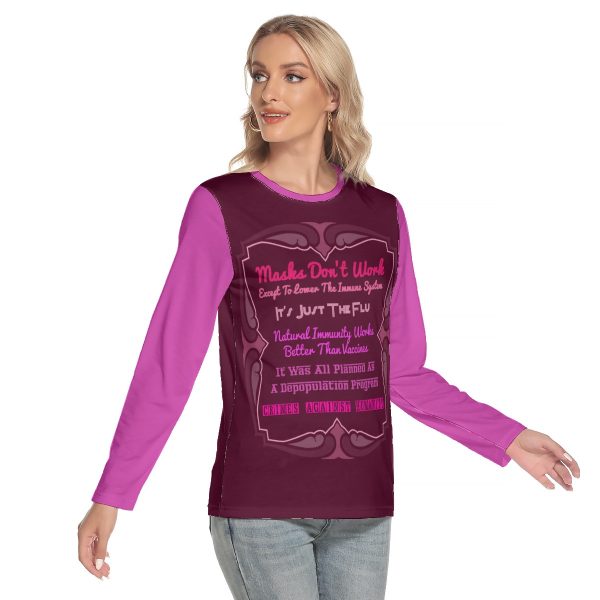 All-Over Print Women's O-neck Long Sleeve T-shirt - Masks Do Not Work Pink - Image 2