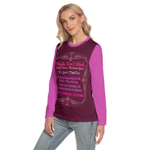 All-Over Print Women's O-neck Long Sleeve T-shirt - Masks Do Not Work Pink - Image 3