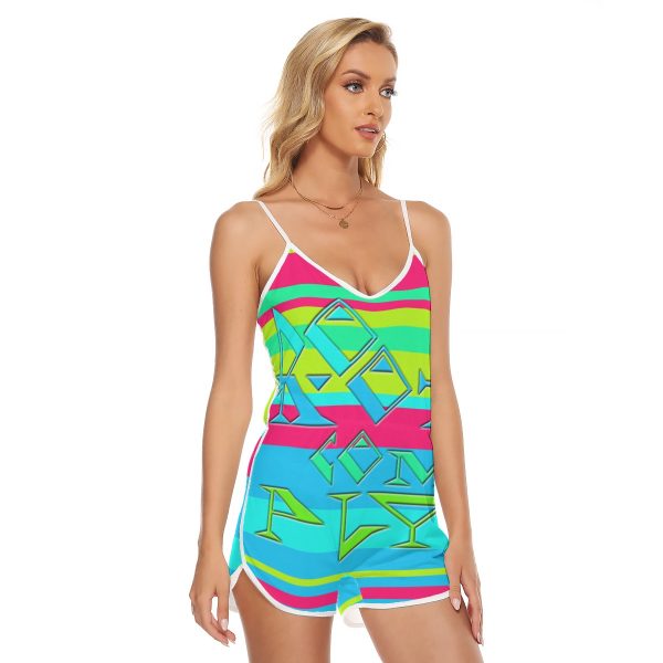 All-Over Print Women's V-neck Cami Romper - DO NOT COMPLY - Image 3