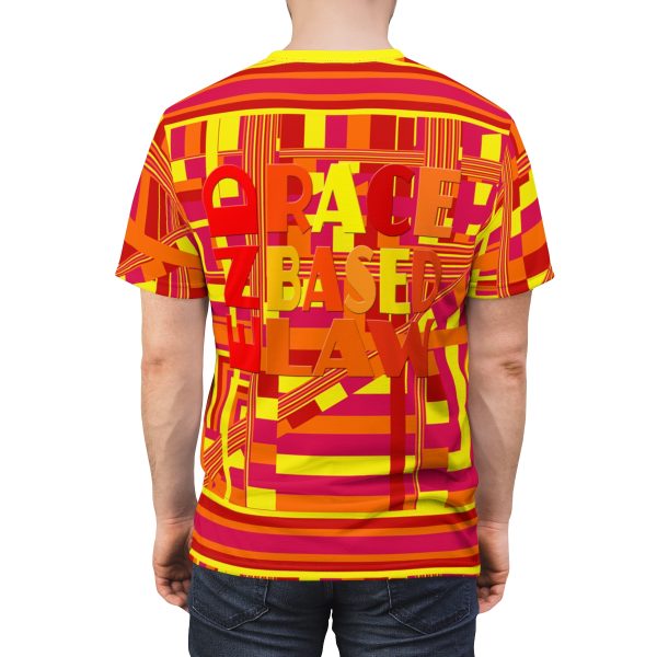 Unisex Cut & Sew Tee (AOP) - END RACE BASED LAW - Sunset Colours Geometric BG (Back and Front) - Image 13