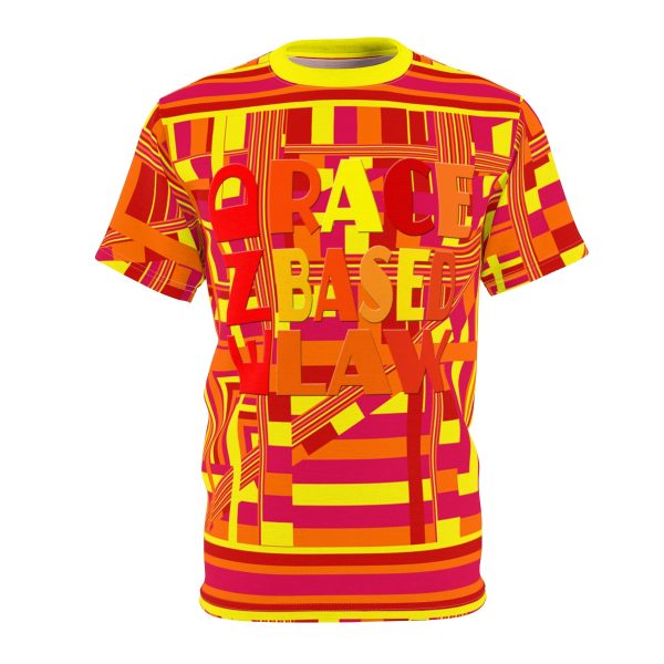 Unisex Cut & Sew Tee (AOP) - END RACE BASED LAW - Sunset Colours Geometric BG (Back and Front) - Image 2