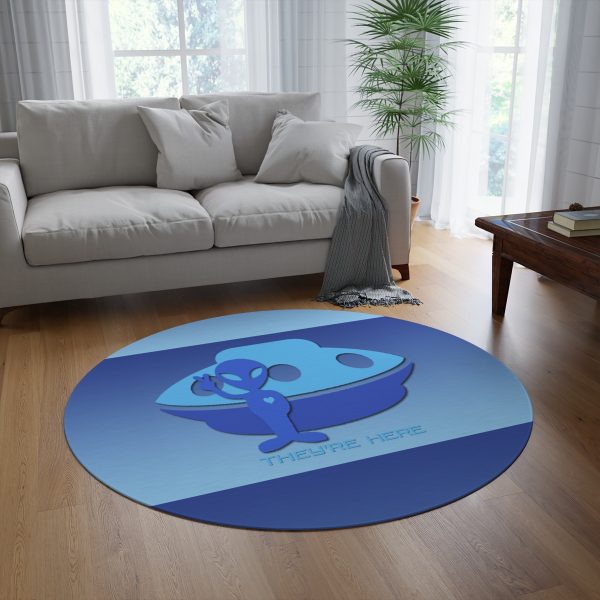 Round Rug - They're Here - Gradient Blue BG