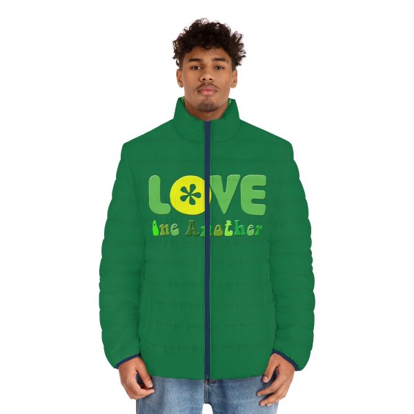 Men's Puffer Jacket (AOP) - Love One Another - Green