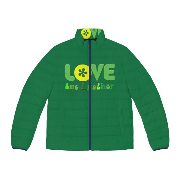 Men's Puffer Jacket (AOP) - Love One Another - Green - Image 2