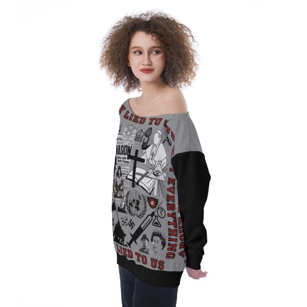 All-Over Print Oversized Women's Off-Shoulder Sweatshirt - They Lied To Us About Everything - Image 3