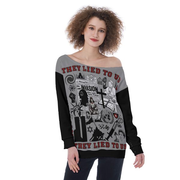 All-Over Print Oversized Women's Off-Shoulder Sweatshirt - They Lied To Us About Everything